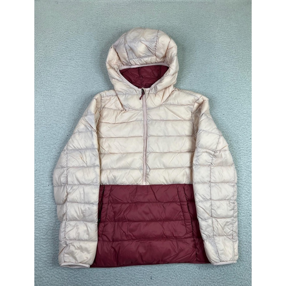 Eddie Bauer Womens Pink Down Puffer Hooded Jacket 1/2 Zip Colorblock Small